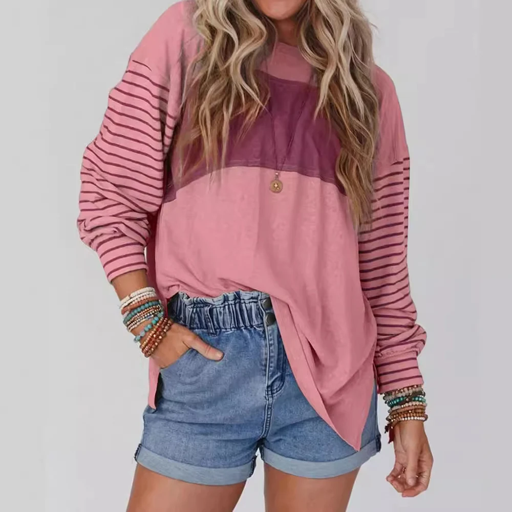 Women Striped Print Loose Pullover Long Sleeve T-shirt