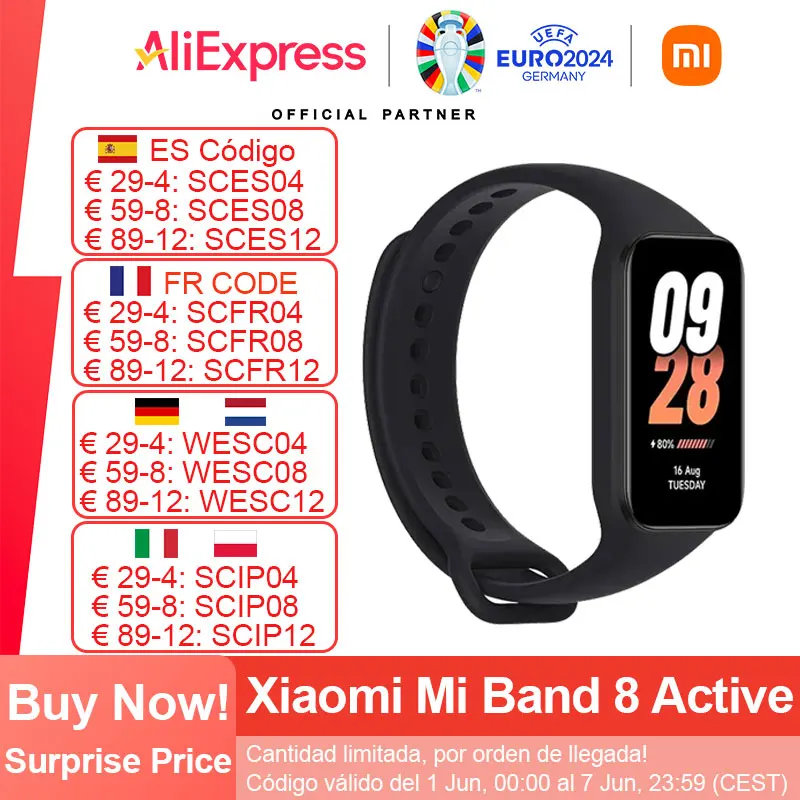 [€29-€4 code: WESC04] Xiaomi Mi Band 8 aktiv, Smart Armband, 1.47 ''LCD-Bildschirm Bluetooth 5,1 Herzfrequenz, Spo2-Überwachung, 50 Sport modi Smart Band