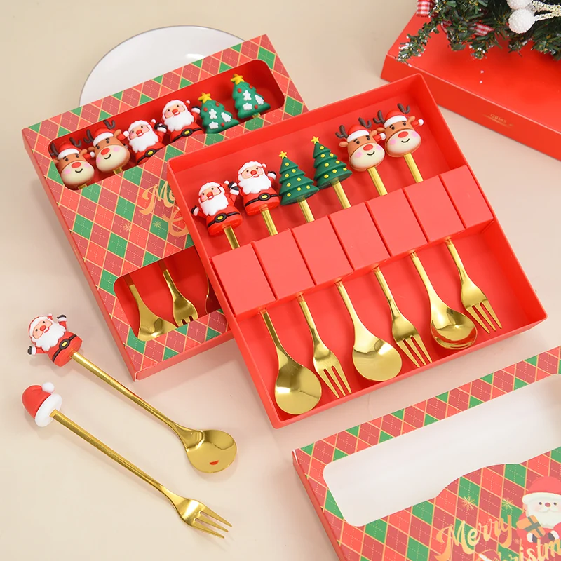 2/4/6pcs Christmas Glod Spoon Fork Set Stainless Steel With Gift Box Tableware Desser Fork Coffee Spoon Decor New Year Navidad