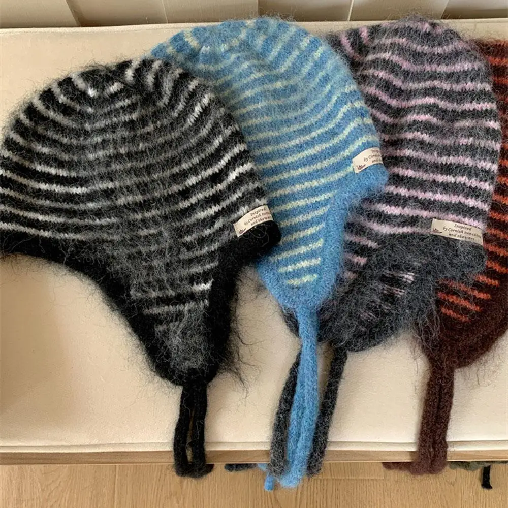 1PC Furry Knitted Beanie Hat Warm Striped Winter Cap Y2k Trendy Retro Headwear For Women Cold Ear Protection Caps Bomber Hats