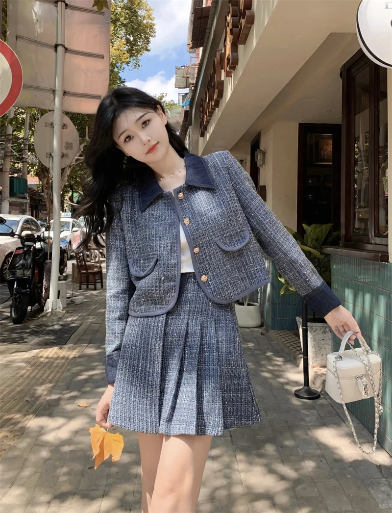 원피스세트 우아한 대비 데님 스티칭 스팽글 트위드 겉옷과 높은 허리 주름 치마로 이루어진 여성 세트