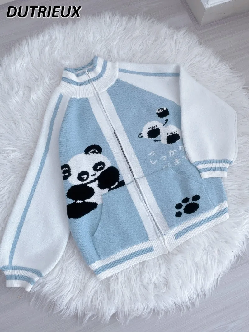 

Женский трикотажный кардиган на молнии, голубой или белый свитер с отложным воротником и вышивкой из мультфильма, вязаное пальто с рукавами реглан, Осень-зима