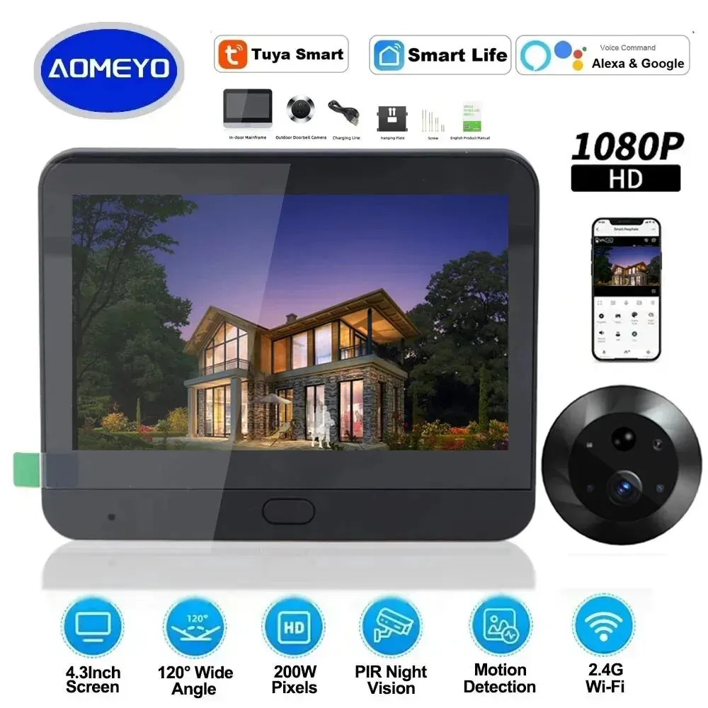 4.3 Inch Tuya Wide Angle Video Doorbell Camera One Way Intercom Motion Detection Wifi 5000mAh Battery