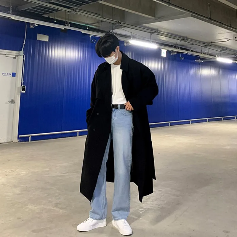 Men Trench Coat British Style Solid Double Breasted Oversize Leisure Long Windbreaker Korean Style