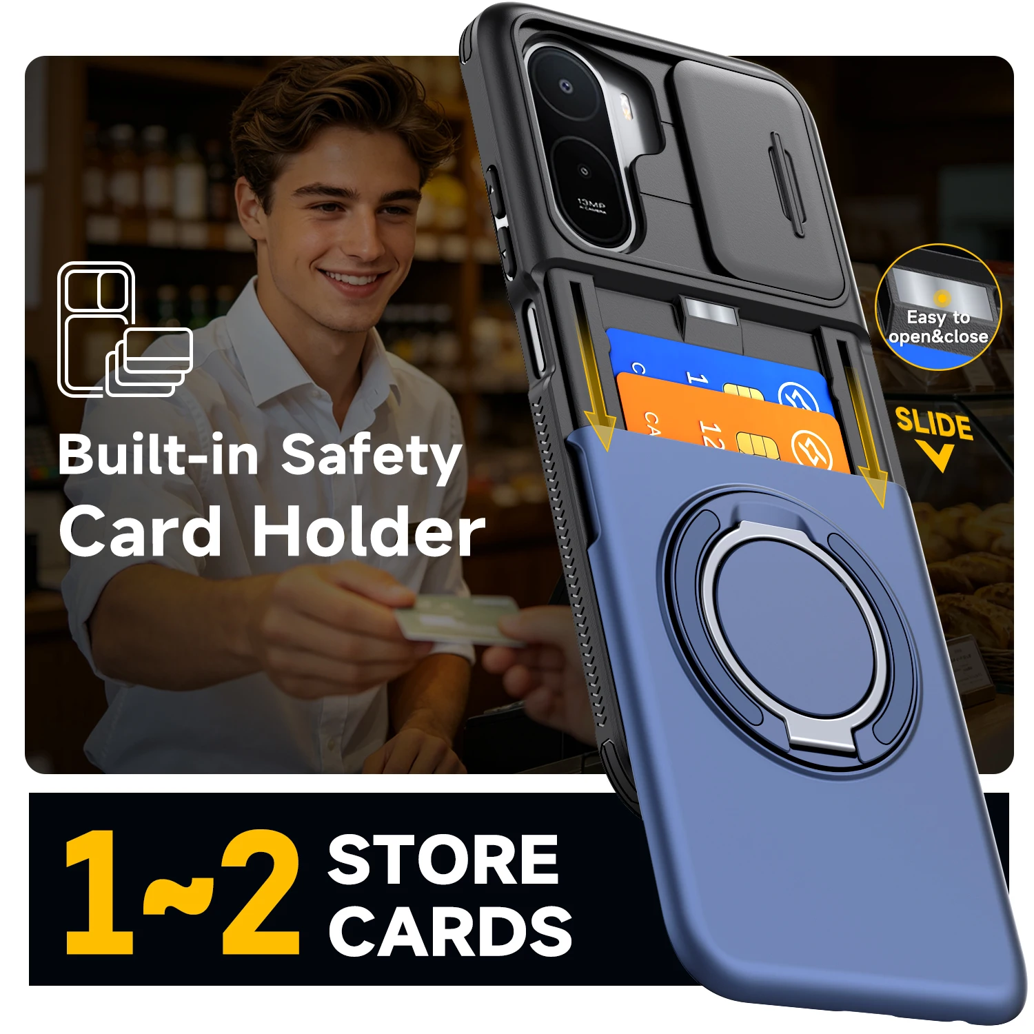 Magnetic Rotating Ring Bracket Case with Slide Camera Protection and Card Slot