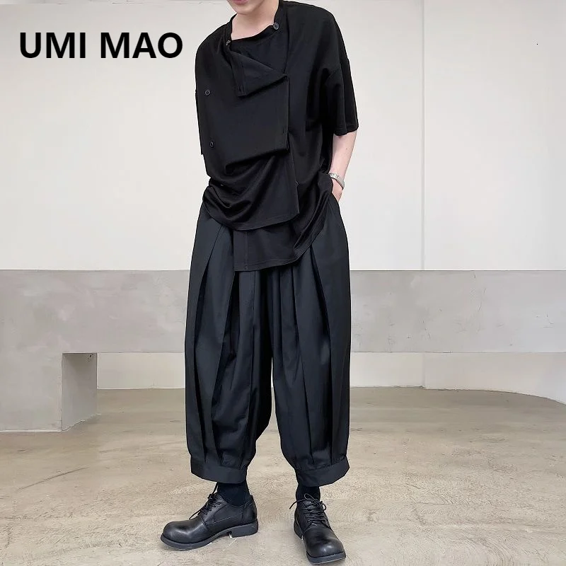 UMI MAO Yamamoto Style Personality Pleated Beam Mouth Tie Dark Trend Nine-point Pants Men Women Pantalones Hombre wide leg pants