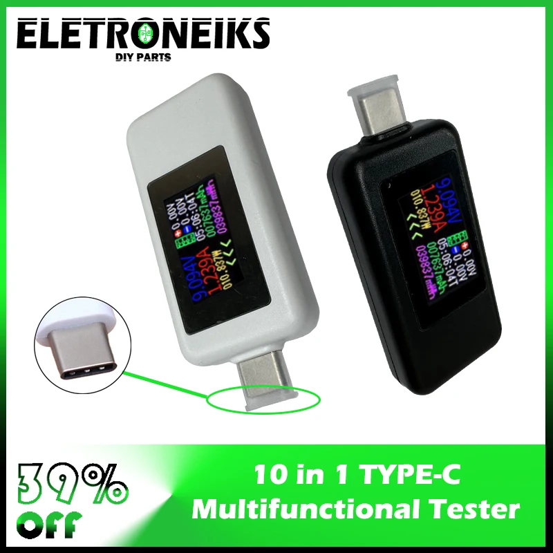 

ELETRONEIKS 10in1 Type-C USB Tester 0-5A Current 4-30V Voltage Color Display Charger Tester Power Meter Mobile Battery Detector