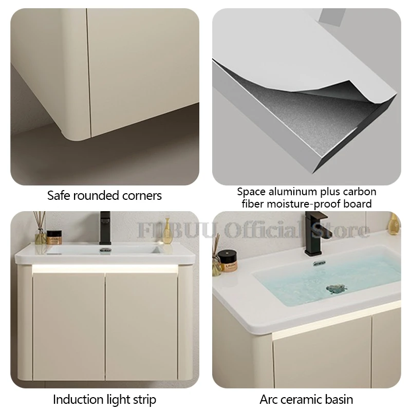 Bathroom Cabinet with Rounded Corners Ceramic Washbasin Wall-mounted Bathroom Dressing Storage Cabinet with Mirror and Faucet