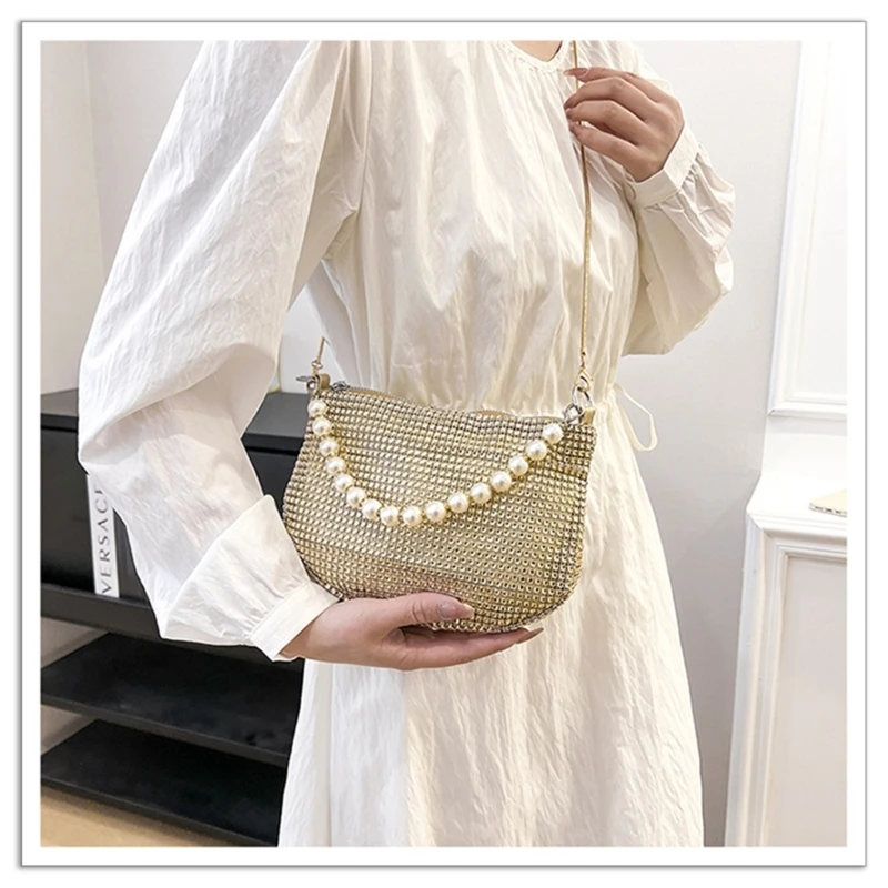 

E74B Crossbody Shoulder Bag Wedding Clutch Cocktail Women Girl Evening Bag Party Banquet Bag Rhinestone Pearl Handle Handbag