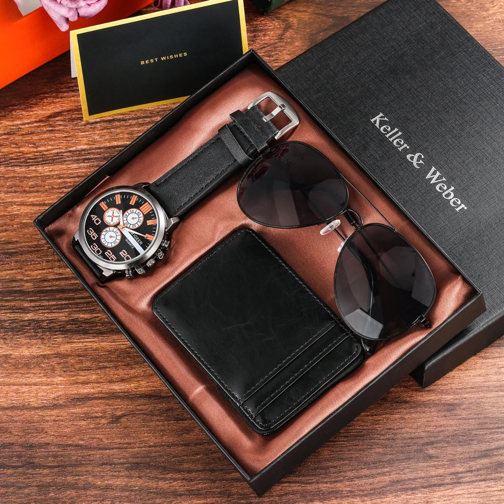 Watch for Men Luxury Business Quartz Wristwatch Black Gifts for Men Husband Boyfriend Sunglasses Card Holder Relogio Masculino