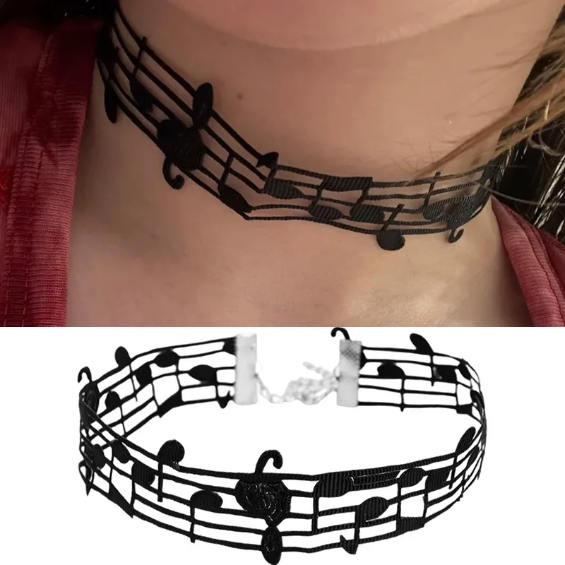 Multifuntional Black Choker with Musical Note Stylish for Women Girls Y2K Ribbon Necklace Lolita Gothic Jewlery Accessories