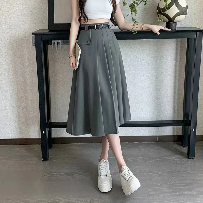 

Grey Black Mid length A-line Pleated Suit Skirt for Woman Autumn Winter 2023 New High Waisted Large Swing Umbrella Skirt Korean