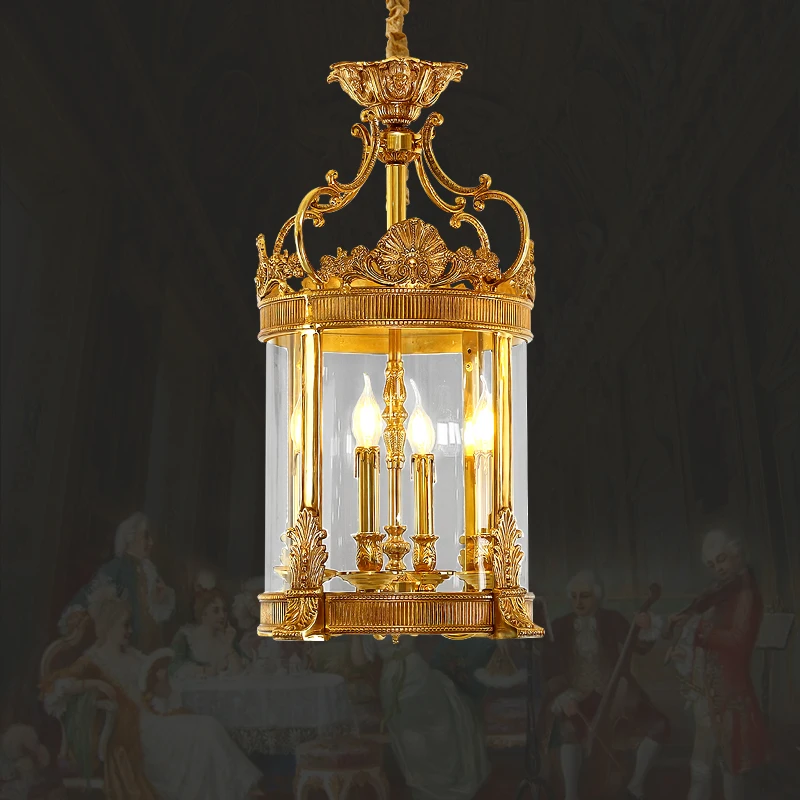 

French Luxury Golden Brass Hanging Pendant Light Home Decor Entrance Hallway Stair Copper Glass Cage Suspension Chandelier