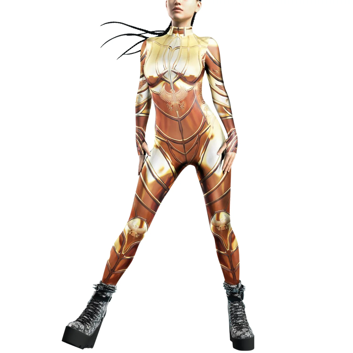 Zawaland New Woman Jumpsuit Punk Cosplay Costume Gold Egyptian Pharaoh Sexy Front Zipper Zentai Bodysuits Halloween Party Outfit