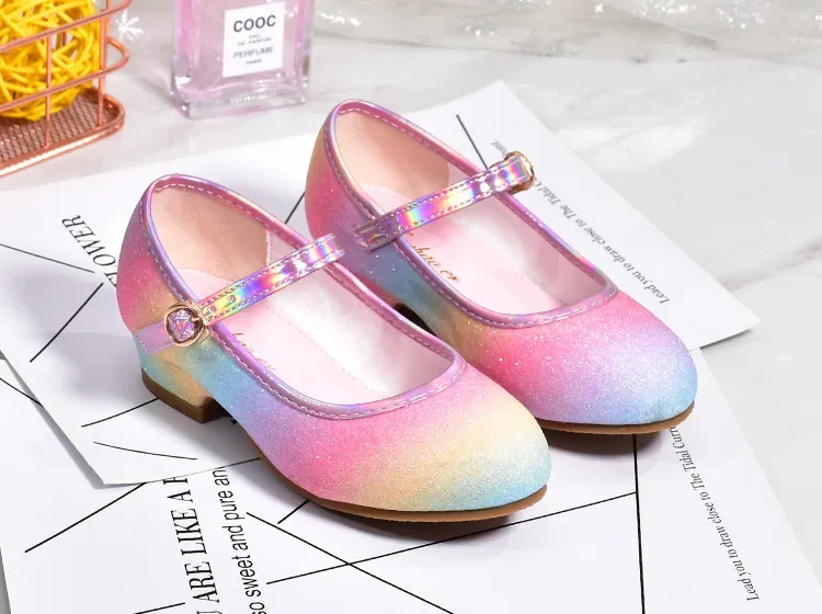 Prinzessin Schuhe für Mädchen Frühling Herbst Glitter Mode Kinder Kleid Leder Schuh Regenbogen Pailletten Kinder Party Hochzeit High Heels – Detail 3