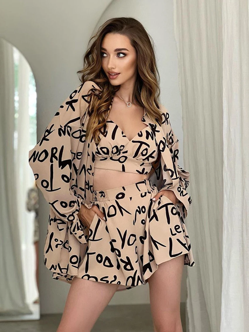 Mrthaqiqi Printing Women Nightwear 3 Piece Set Long Sleeve Turn-Down Collar Pajamas Sexy Tank Tops Sleepwear Shorts Nightie Suit