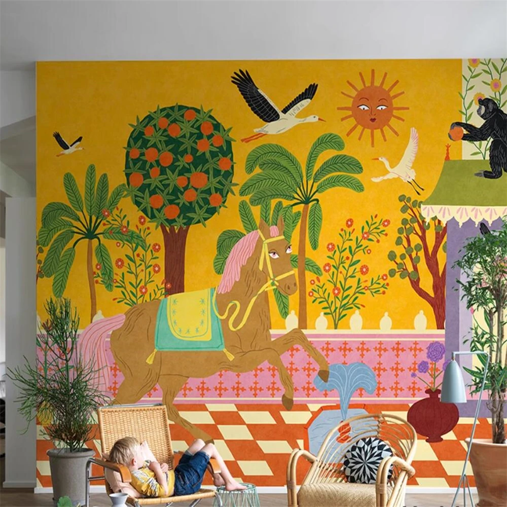 Personalizado Nórdico Exótico Jardim Papel de Parede Sala de Estar Cavalos Macacos Mural Quarto Luz Luxo tv Fundo Home Decor
