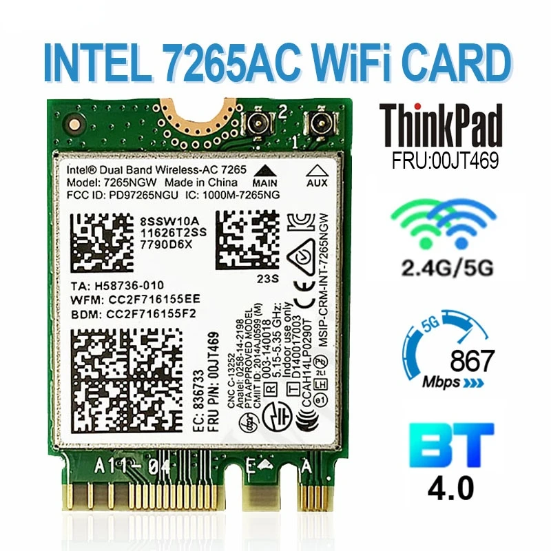 

Network card for lenovo thinkpad, for intel 7265 7256NGW 7265AC 00jt469 for lenovo thinkpad x250 t450 t550 c26