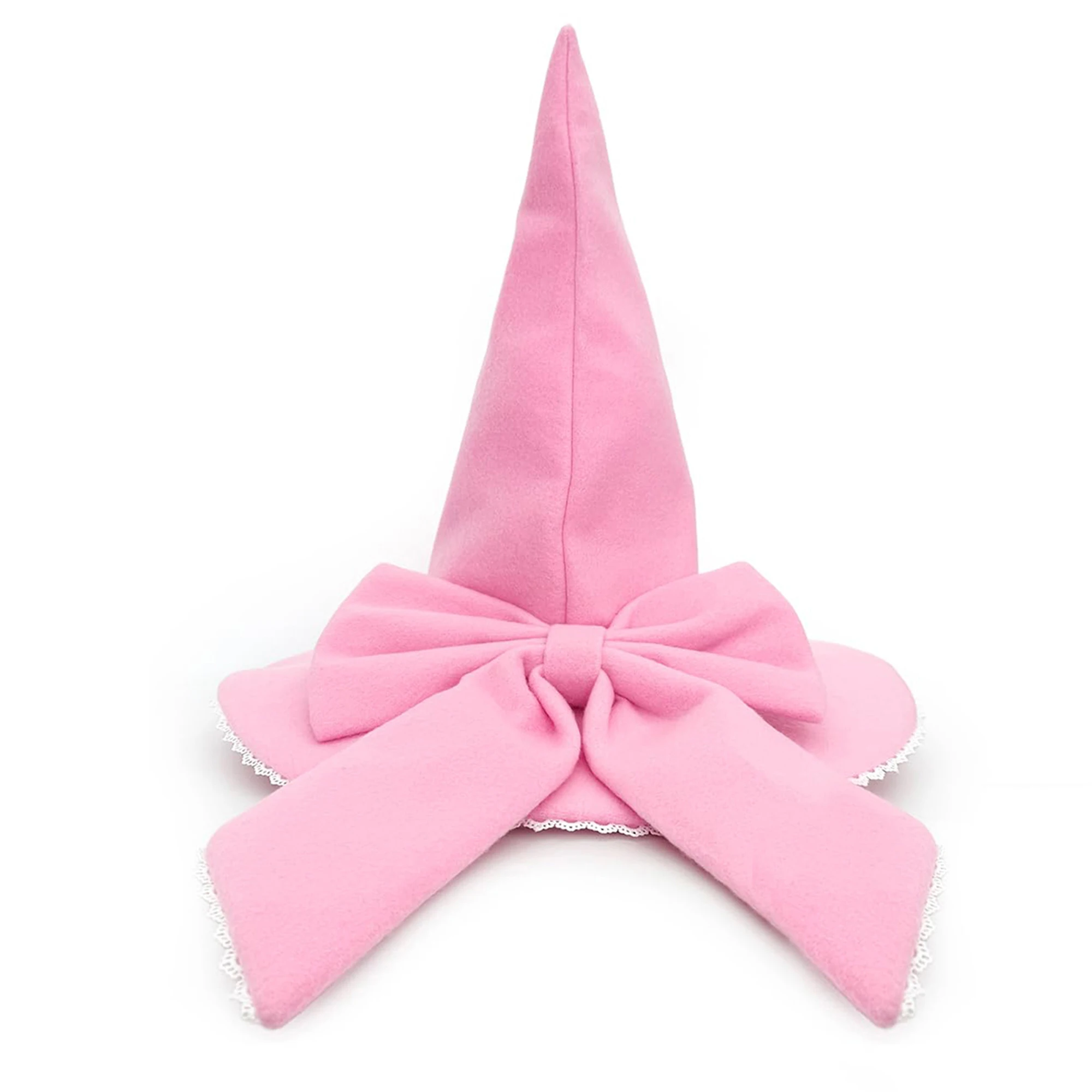 Pink Witch Hat with Bow and Wide Brim Felt Wizard Hat for Halloween Cosplay Pointed Cap Costume Accessory for Women and Girls
