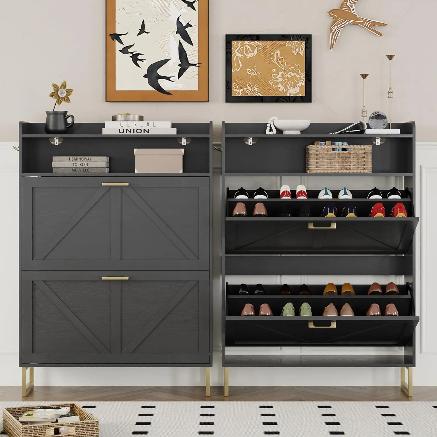 Shoe Cabinet with 2 Flip Drawers Narrow Shoe Storage Cabinet Organizer Wooden Freestanding Rack Hidden Slim Storage