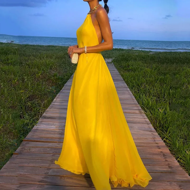 

Женское длинное платье с лямкой на шее, однотонное желтое элегантное привлекательное Сетчатое платье без рукавов и с открытой спиной, вечерние платья-качели на цепочке