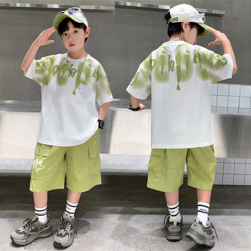 Stylish Tween Boys Clothes Set Summer Kids Sport Short Sleeve T-shirt Shorts 2 Pieces Suit Teens Child Outfit with Letter Print