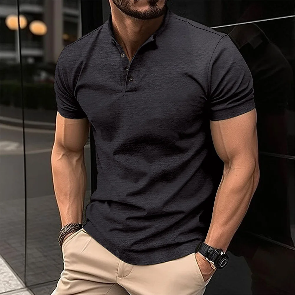 Nuova Collezione Estate 2026: T-shirt da Uomo con Colletto Henley, Bottoni, Slim Fit, Casual, Tinta Unita, Manica Corta, Sportiva, Stile Polo