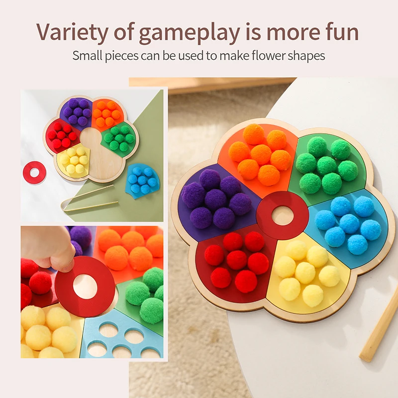 Wooden Montessori Toy Flower Shape Rainbow Board Children Fine Motor Skill Education Toy Baby Color Sorting Sensory Toy Kid Gift