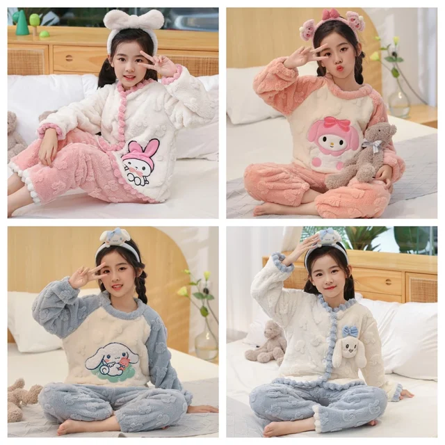 Sanrio Thicken Child Pajamas Set Cartoon Cinnamon Pocha Dog Kuromi KT Melody Winter Flannel Fleece Warm Sleepwear Home Suit Gift