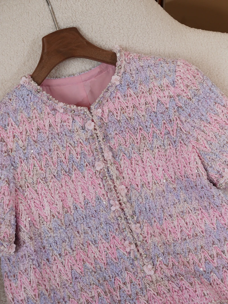 Pearl Trimmed ort Sve Woolen Tweed  Dr iny Sequin mid High Waist A-Line Skirt Sle Women's Faion Autumn Dr