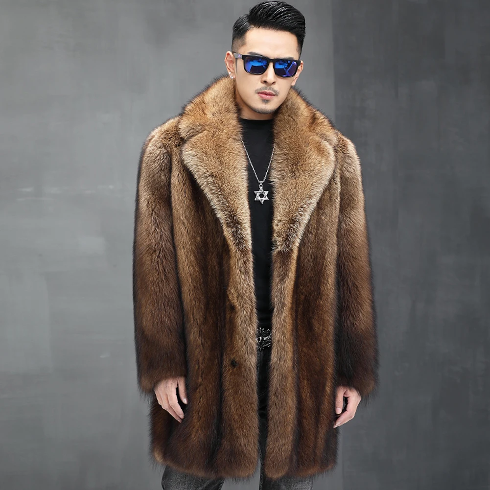 Denny&Dora Winter Coat Men Genuine With Big Lapel Collar Fur