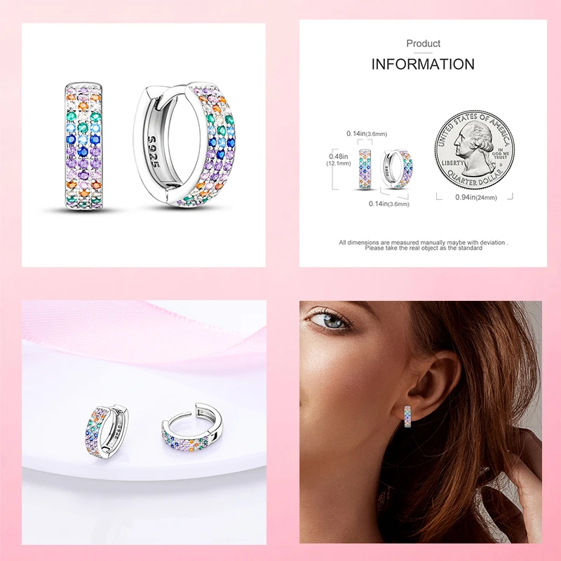 Silver Hoop Earrings Heart Hoop Earrings 925 Sterling Silver Colorful Golden Zircon Heart Feather Earrings For Women