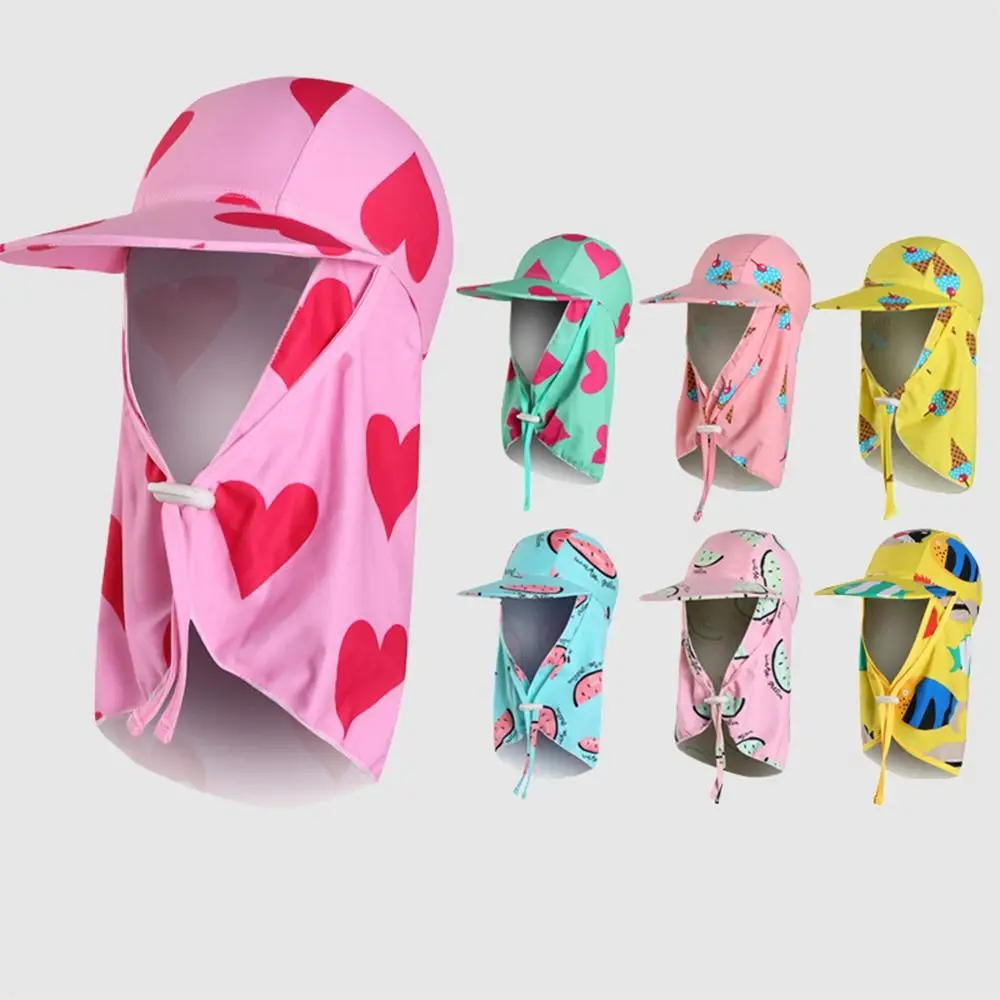 UPF50 Neck Cover Children's Swim Cap Wide-Brim Windproof Kids Beach Sun Hat Sandproof Sunscreen Swim Flap Hats for Boys & Girls