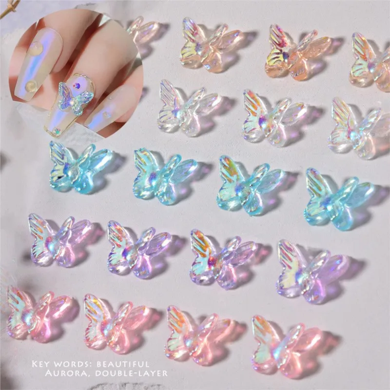 

50Pcs 3D Aurora Butterfly Rhinestone Nail Charms Resin Doule-Layer Crystal Mermaid Butterlfy Nail Art Decoration Manicure Parts