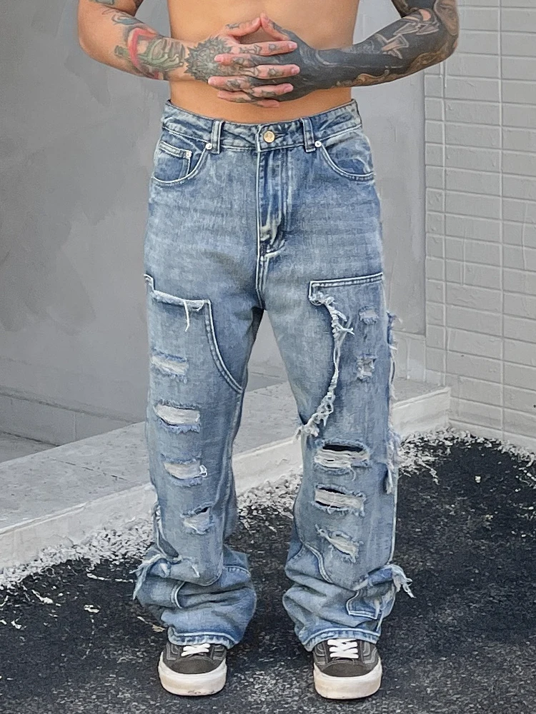 

Niche Designer Wear Retro High Street Cleanfit Destroyed Jeans Men's Straight Slimming Vibe Distressed Casual Pants