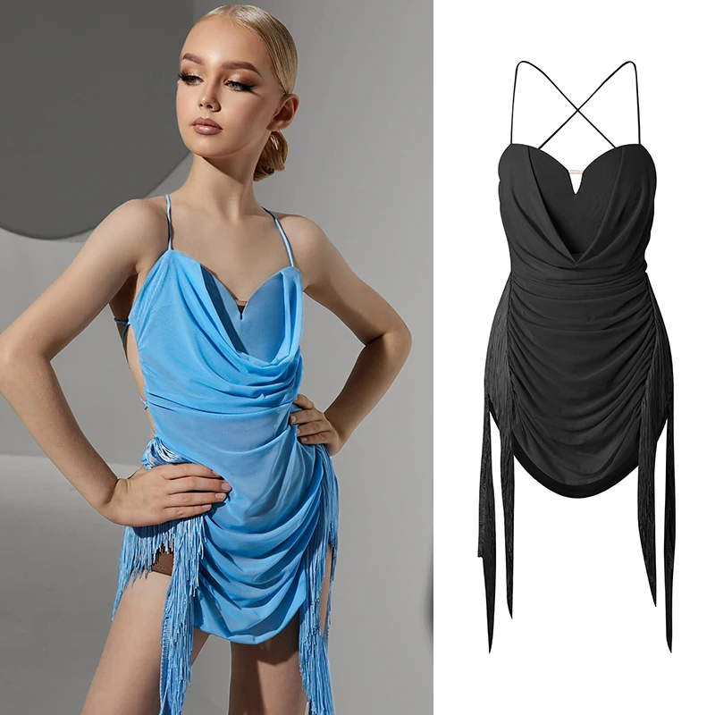 

2023 New Latin Dance Dress Girls Summer Dance Costume Ballroom Dnace Competition Clothing Irregular Fringe Dress Black DNV17743