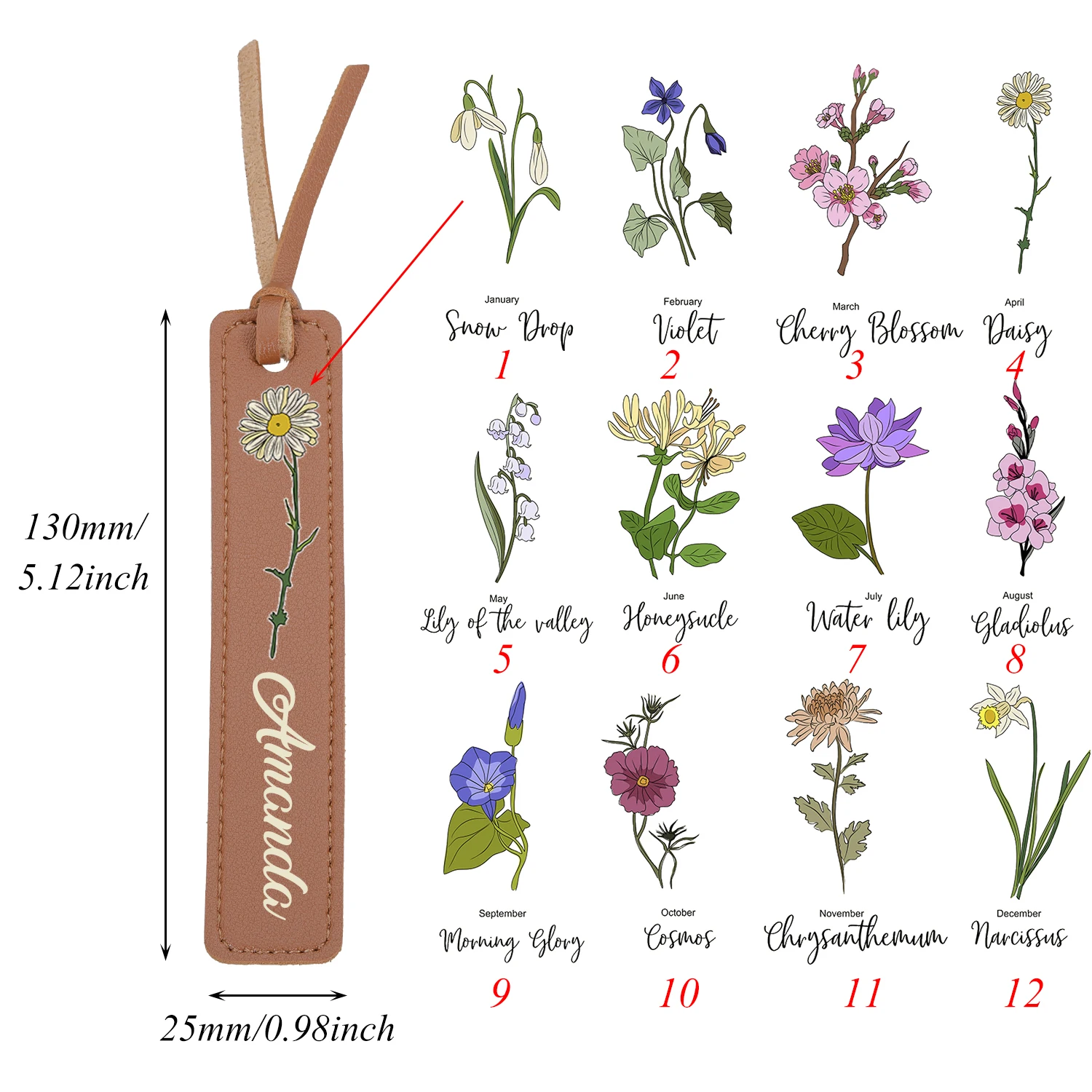 Personalized Leather Bookmark For Friend Name Bookmark with Birth Month Flower For Book Lover Gift PU Leather bookmarks stationery supplies