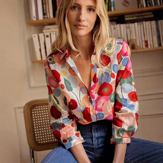 2025 European and American 3D digital printed women's fashionable long sleeved shirt, new hot selling floral top, gorgeous 2