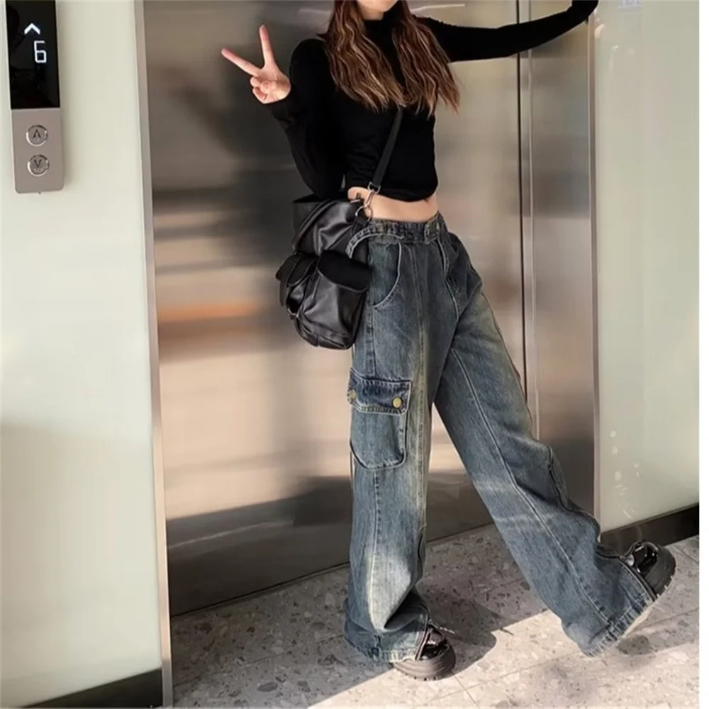Y2K Vintage Straight Jeans for Women Fashion American Style Pockets High Waist Baggy Denim Pants Spring Street Wide Leg Trouser