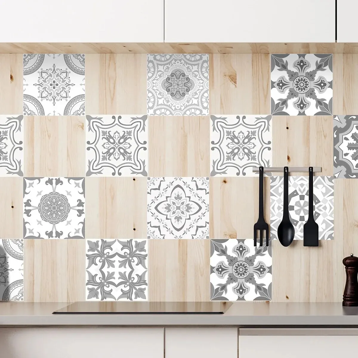 Gray Moroccan Wall Sticker Art Waterproof Vinyl Peel and Stick Tile Sticker Home Decor Kitchen Bathroom Decal 12PCS 15CM