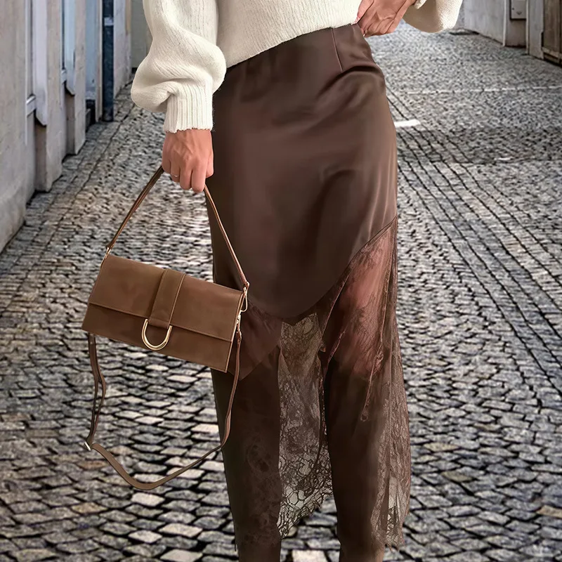 Hochtaillierter Spitzenrock für Damen – Schlanker, ausgehöhlter Patchwork-Boho-Maxirock – Lässiger Frühlingsrock 2026 in Braun für Mode, Party und Club – Boho-Rock