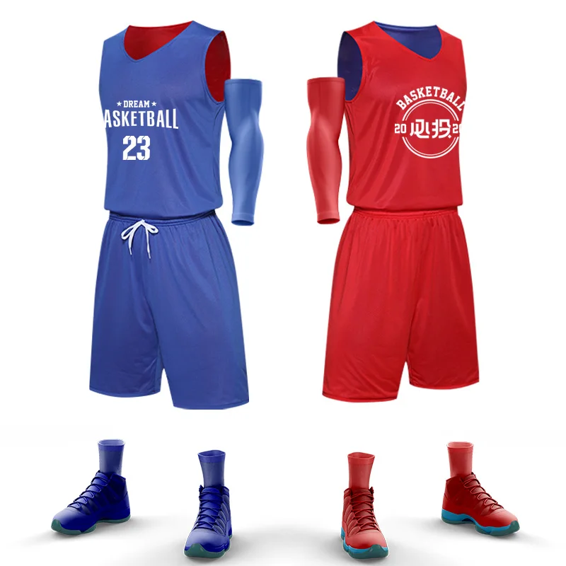 Youth Basketball Jersey Sets Mens Breathable Polyester Mesh Fabric Reversible Basketball Uniform Shirts 5101