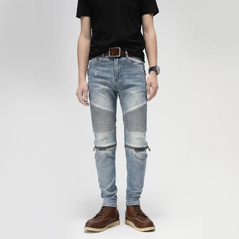 

New arrival 2023 stacked pants for mens Ripped Ruffled jeans motorcycle men's trousers with zippers streetwear