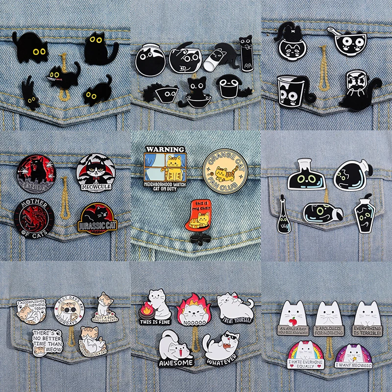 Cute Cat Enamel Pins Black Fluid Cat Brooches Lapel Badge Punk Animal Jewelry Gift for Friends 4-6pcs/Set