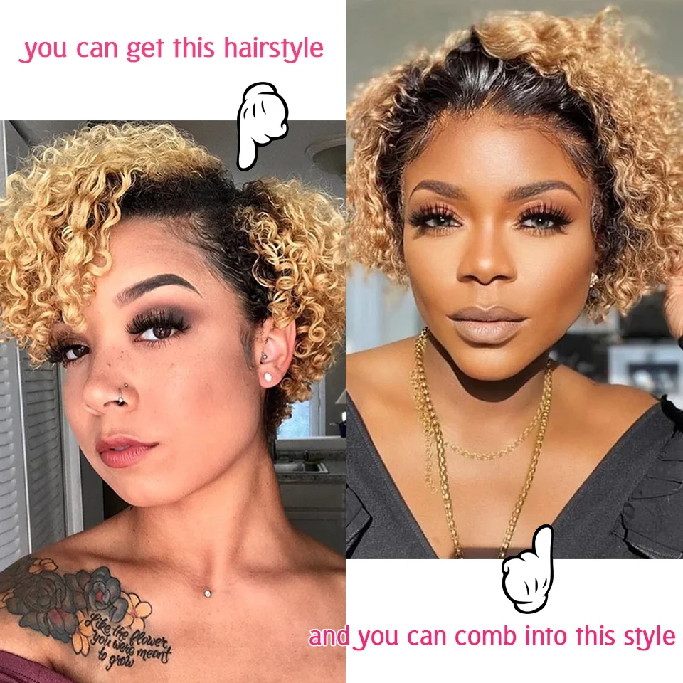 Curly Short Bob Lace Wigs Blonde Pixie Brazilia Human Hair Lace Front Bob Wig For Women Density 150% Water Wave Remy Short Hair
