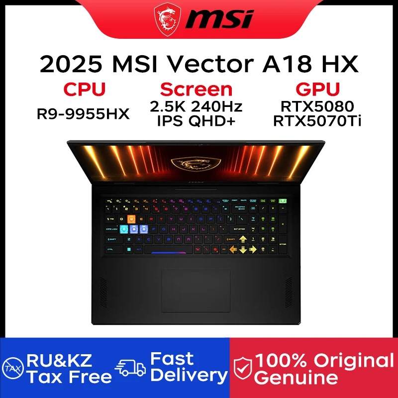 2025 MSI Vector A18 HX Gaming Laptop 18 Inch 2.5K 240Hz QHD Screen Notebook AMD Ryzen R9-9955HX 64GB 4TB RTX5080 Netbook Compute