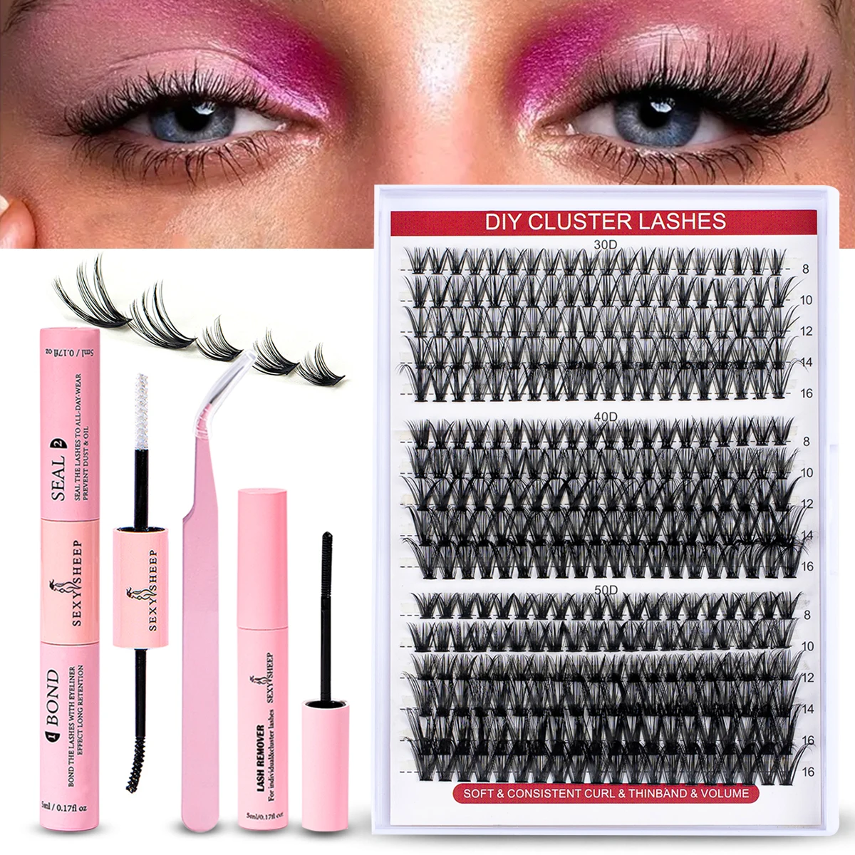 320 PCS Lash Extension Kit DIY Individual Eyelash Extension 30D40D50D Cluster Lashes Kit Lash Glue Remover for Eyelash