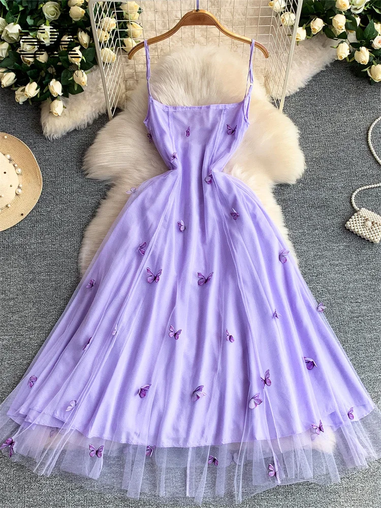SINGREINY 3D Butterfly Mesh Dress Fairycore Sleeveless Backless Sling High Quality Summer Female French Romantic A-line Dresses 1