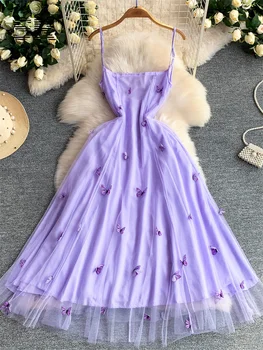 SINGREINY 3D Butterfly Mesh Dress Fairycore Sleeveless Backless Sling High Quality Summer Female French Romantic A-line Dresses 1