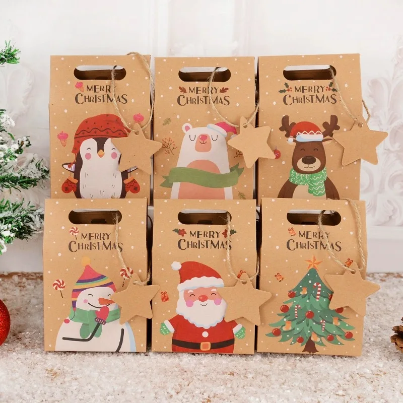 

New Kraft Paper Christmas Candy Boxes With Tags Santa Cookies Gifts Packaging Box Bag For Kids Favors Bag Noel Home Xmas Decor